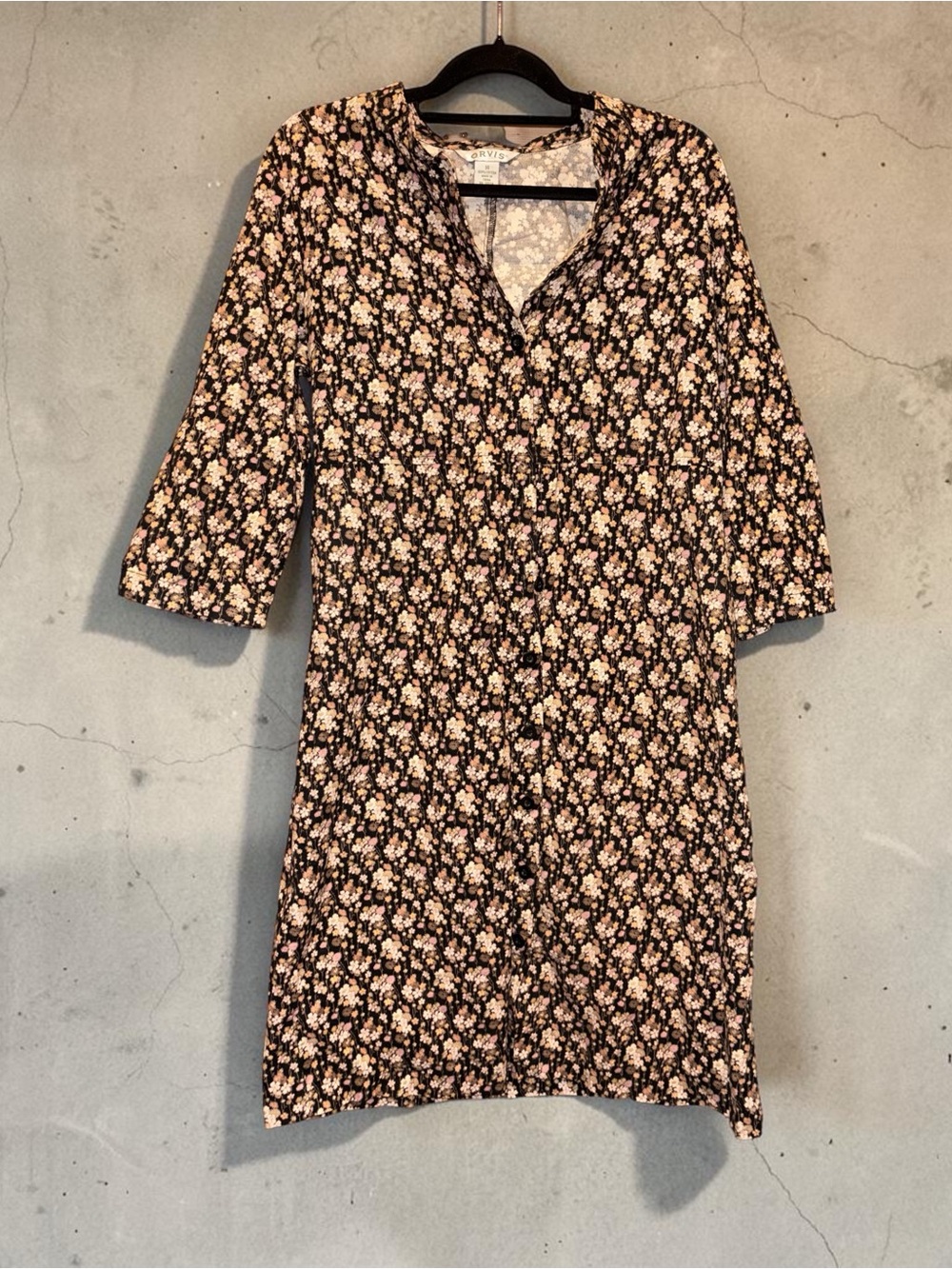 Orvis Black Midi Dress with Pink and Cream Floral Print corduroy
